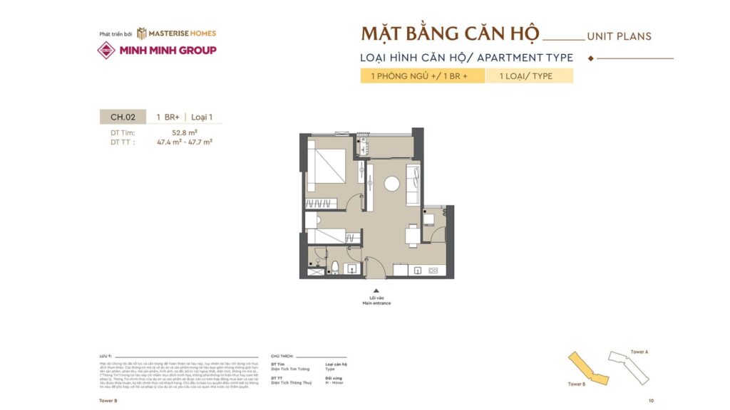 Layout căn hộ 1br+ Masteri Rivera Đà Nẵng