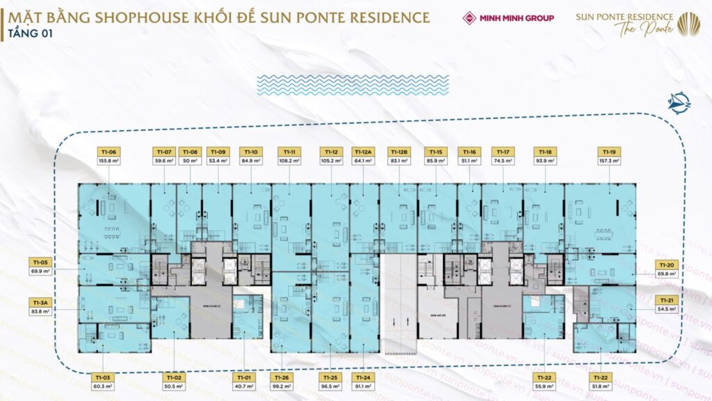 Mặt bằng điển hình shophouse Sun Ponte Residence tầng 1